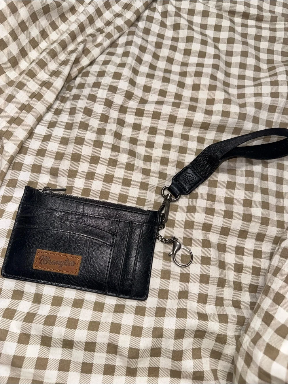 Wrangler Black Leather Wristlet Card Wallet with Brown Patch